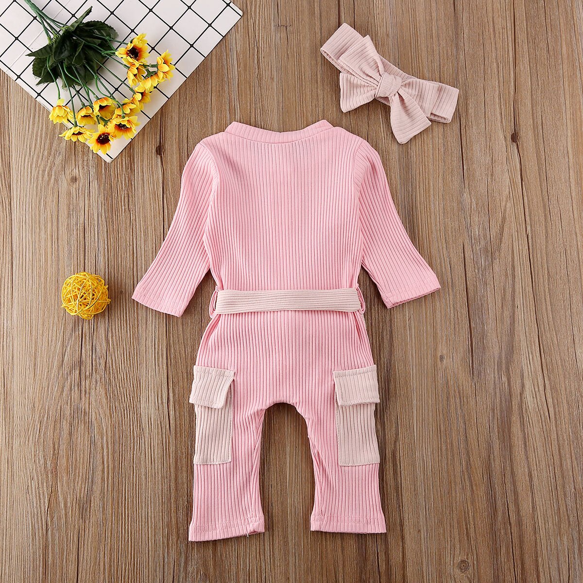 2pcs infantil bebê menina meninos macacão bandana 2pcs roupas de malha arco grande sólido manga longa macacão outfit