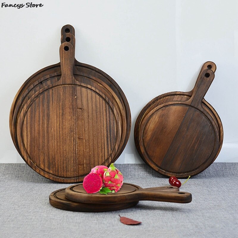 Multi-Size Houten Ronde Lade Barbecue Westerse Steak Plaat Massief Houten Pizza Plaat-Brandende Kleur Dessert Diner Plaat servies