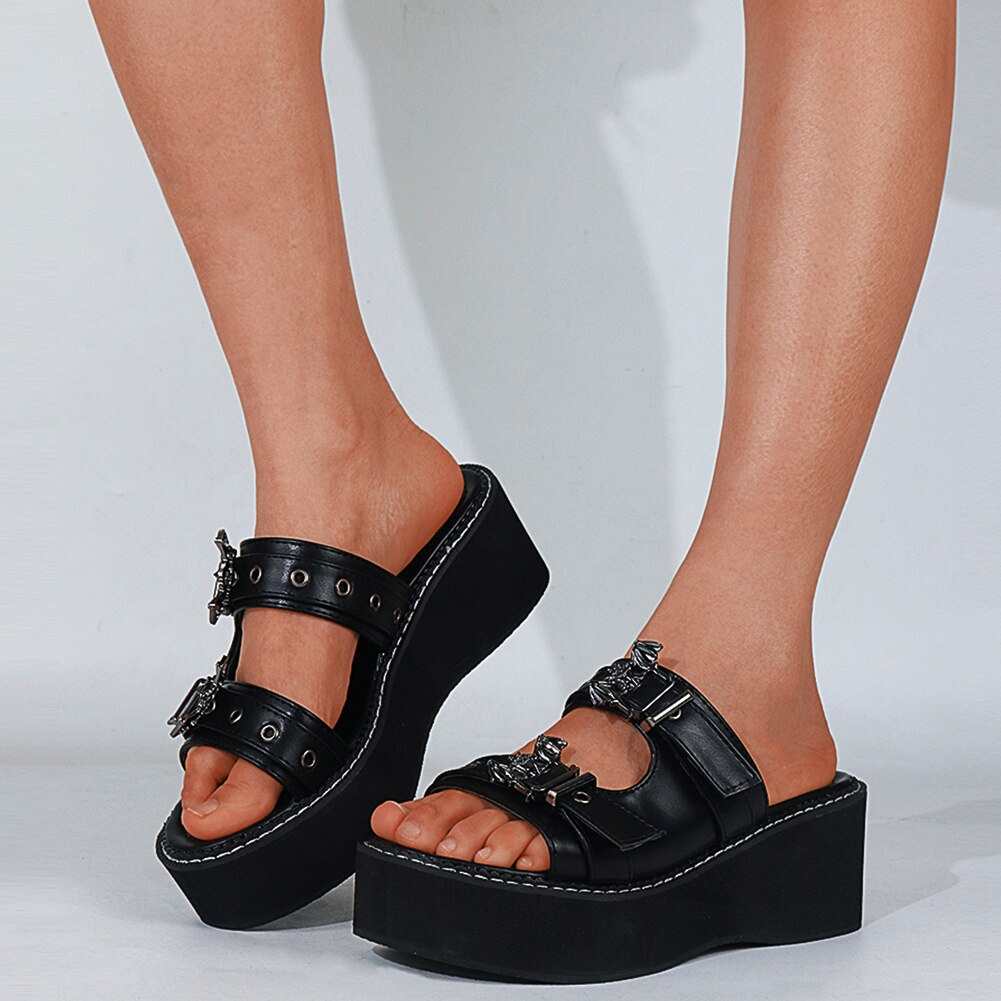 Platform Bat Gesp Slip Op Goth Open Teen Platform Zomer Vrouwen Sandalen Wiggen Gesp Leisure Casual Goth slippers