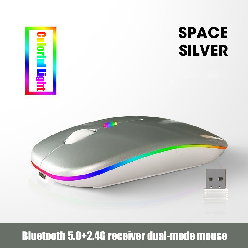 Bezprzewodowa mysz Bluetooth 5.0 2,4 GHz, z lampką USB z możliwością ładowania RGB, odpowiednia do laptopów, komputerów PC, Macbooków, myszy do gier 1600 dpi: Srebrny