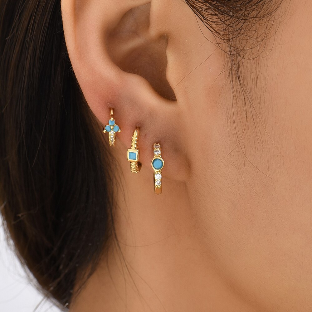 Conjunto de pendientes de aro pequeños de color turquesa para mujer, aretes redondos geométricos de circonia cúbica, cuentas verdes, joyería Huggie Brincos 2022, 3 pares