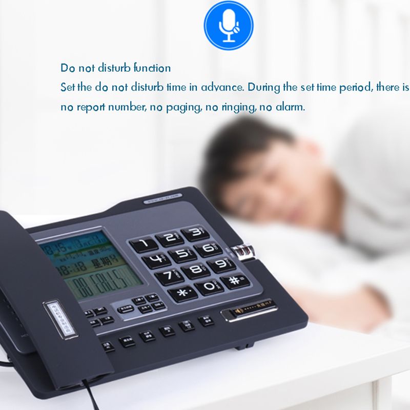 Kontorstelefon med telefonsamtal med uppringnings-id / samtal väntar, högtalartelefon, svartlista, miniräknare med dubbla gränssnitt och väckarklocka