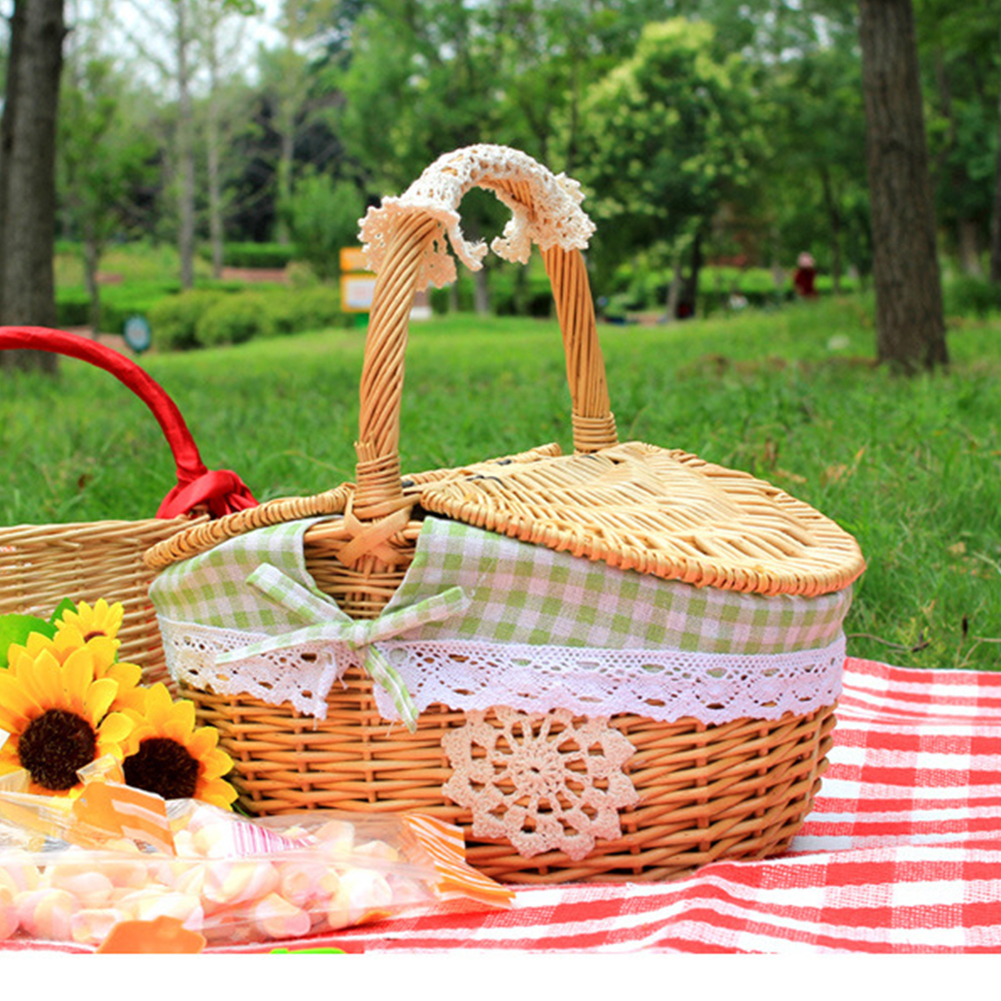 Handmade Small Picnic Wicker Basket with Handle Double-Lid Lining Outdoor Camping Rattan Weaving Fruits Food Storage Hamper
