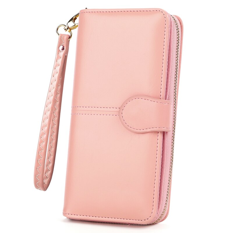 VICUNA POLO Brand Waxy Oil Leather Card Holder Wallet For Women Large Capacity Travel Ladies Wallet Clutch Wristlet Wallets: Pink