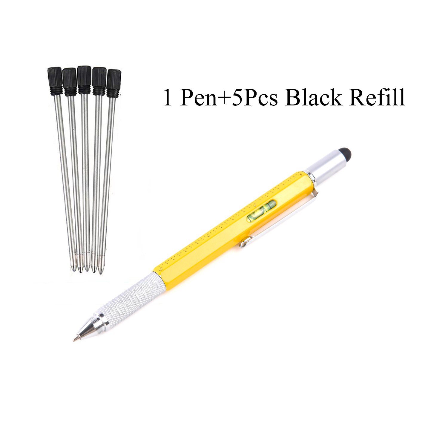 7 In1 Multifunction Handheld Screwdriver Tool Ballpoint Pen Measure Technical Ruler Screwdriver Touch Screen Stylus Spirit Level: YellowWith 5PC Black