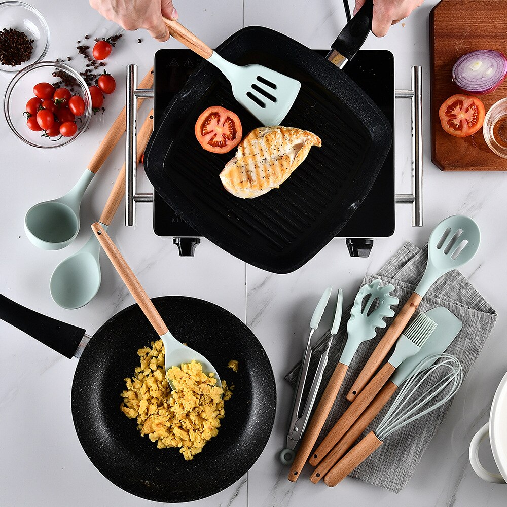 Silicone Non-stick Cooking Utensils Set Cookware Wooden handle Egg Beaters Shovel Spoon Soup Kitchen Tools Accessories Easy Wash