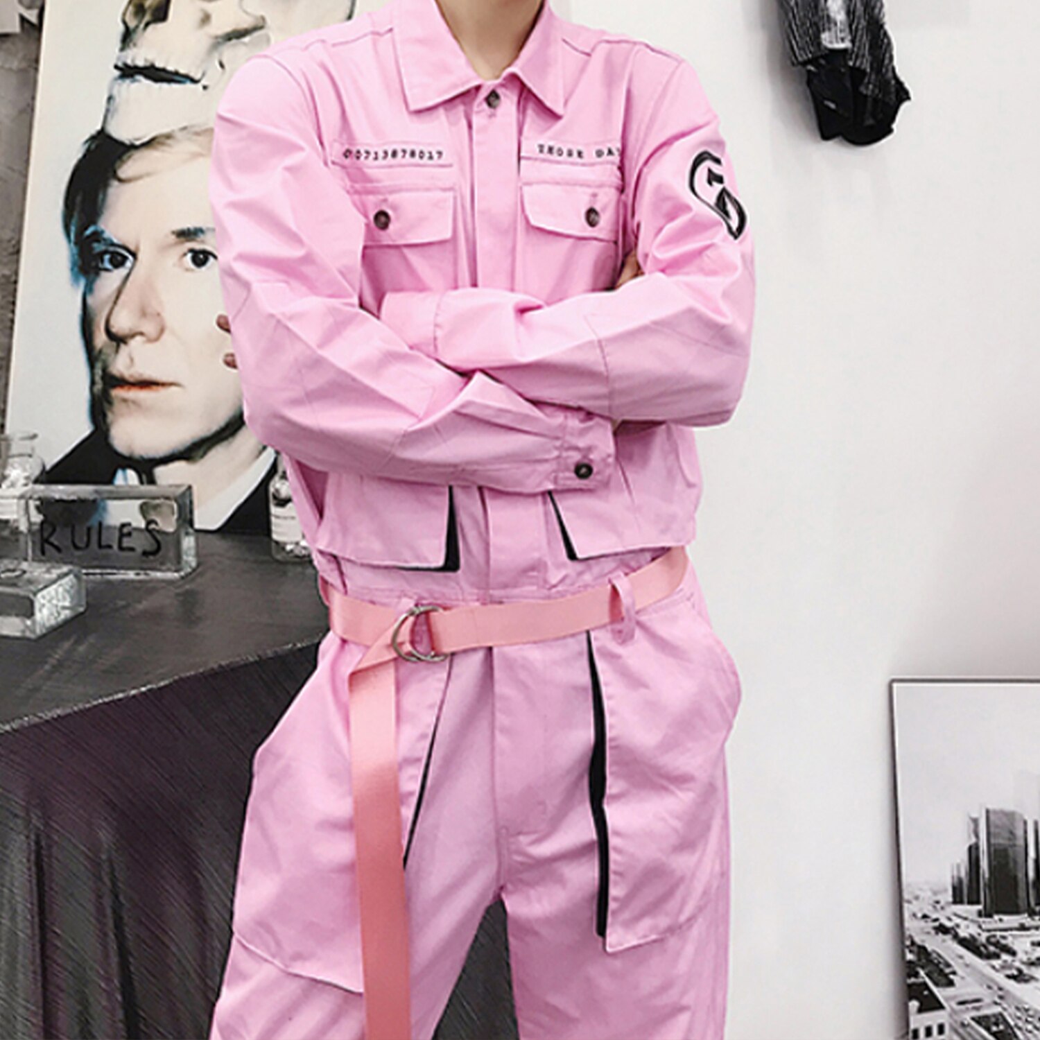 Hip Hop Streetwear Jumpsuit Men Multi Pockets Ribbons Cargo Pants Long Sleeve Rompers Joggers Techwear