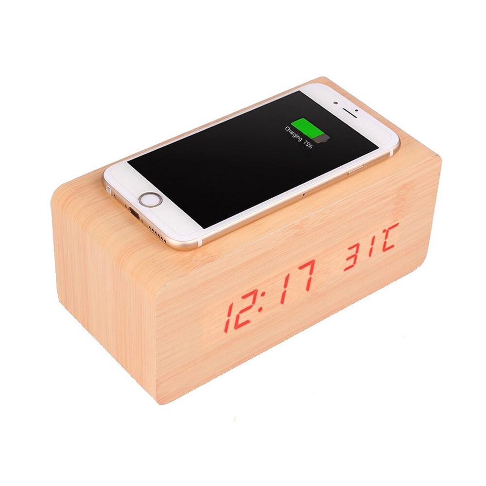 Creatieve Decoratie Elektronische Klok Mobiele Telefoon Draadloos Opladen Houten Klok Led Digitale Klok Geluid Controle Functie