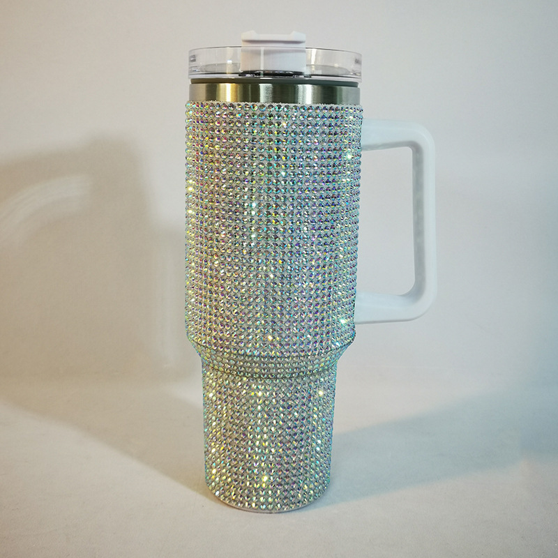 Taza Termo de diamante de 40oz con asa, botella aislada de café al vacío de acero inoxidable 304, frascos portátiles para coche: Plata