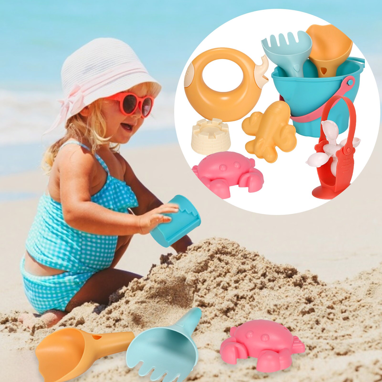 Juguetes de playa para niños, kit de juguetes playeros infantiles, baldes, palas, caja de arena, rastrillo, animales marinos de goma suave para niños pequeños, 5-17 uds.