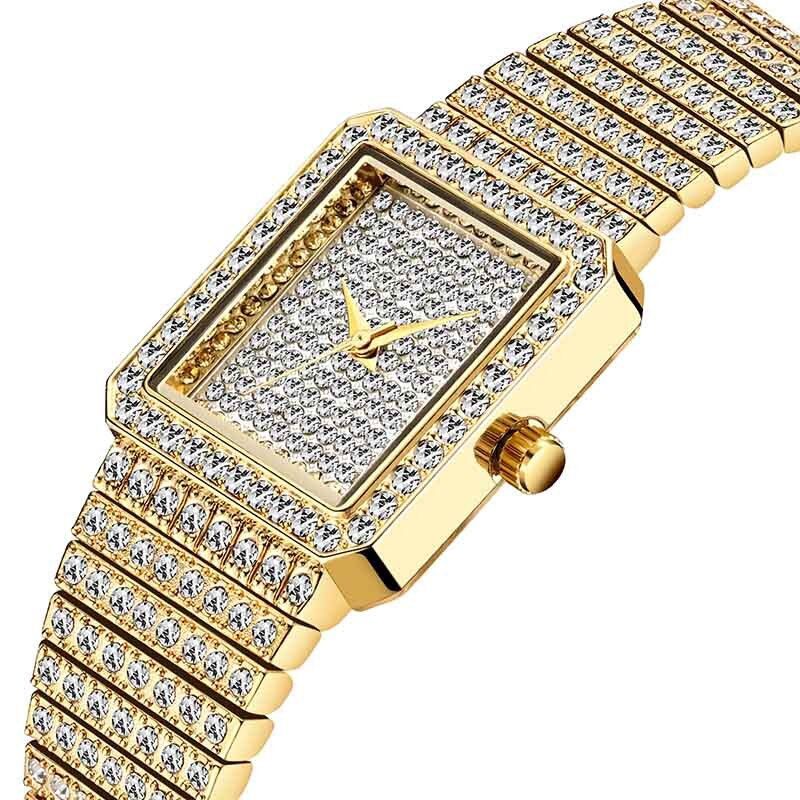 MISSFOX – montre de bureau en or 18k pour femmes, montre-bracelet à Quartz en acier inoxydable, cadran carré glacé: 2689-G