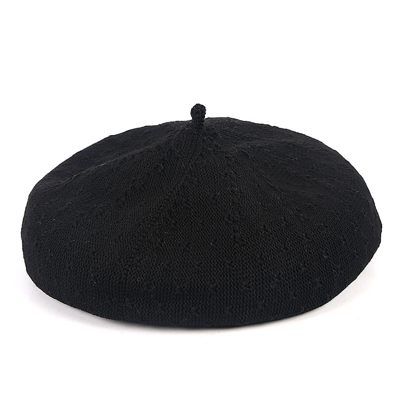 Mode Lente Zomer Vrouwen Knit Baretten Dames Solid Platte Pet Mode Gehaakte Franse Caps Sterren Schilder Hoed: Black