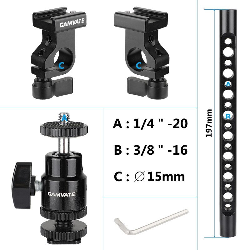 CAMVATE T-bar Bracket Arm With Double Cold Shoe Mounts Support &amp; Adjustable 1/4" Ball Head Holder For Mic / Monitor / Camera