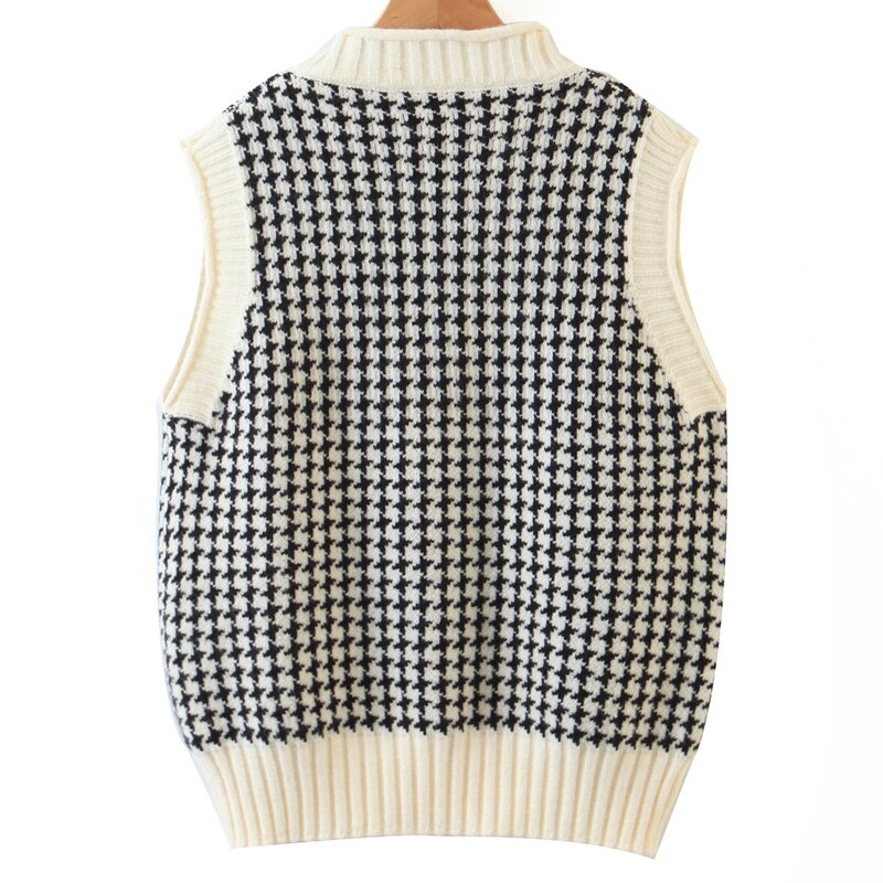 Novalya Preppy Style V Neck Sweaters Women Houndstooth Sweater Women Sleeveless Sweaters Female Ladies HT