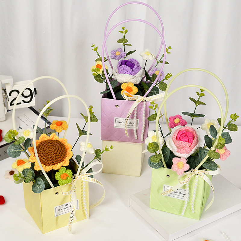 stijl gehaakte zonnebloemen rozen anjer pluche planten afgewerkt gebreide handtas boeketten Valentijn verjaardag afstudeercadeaus