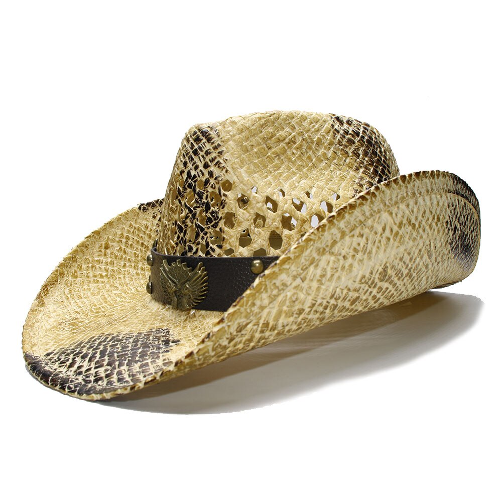 Luckylianji retro dam herr sommar halm strand bred brätte cowboy western cowgirl hatt ihåliga vapen skylt läderband (justerad)
