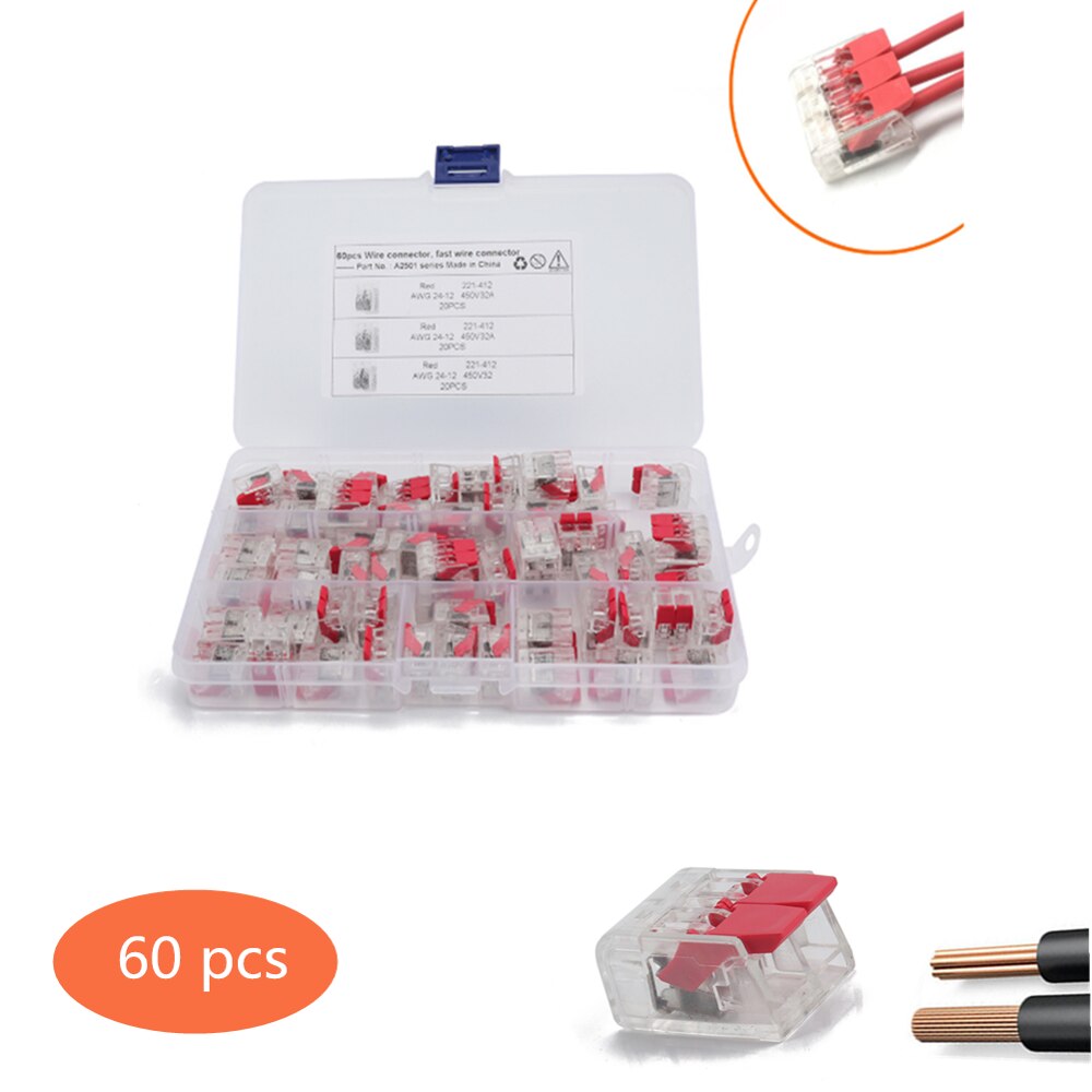 60 uds. Conector de Cable 12-24AWG 2-conductores Clips de empalme compactos Cable Coonnectors cables Clips: Default Title