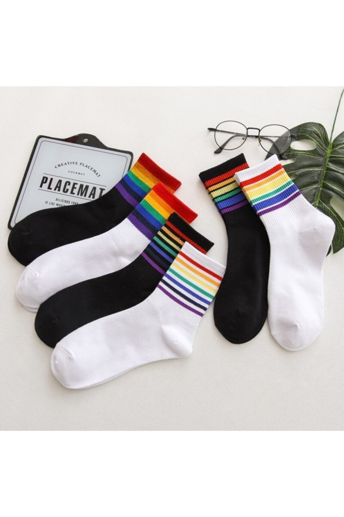 Vrouw Man Kind Sokken 6 Dubbele Regenboog Gestreepte College Tennis Sokken 6 Pcs Pakket Moderne Casual Kleding Casual stijl