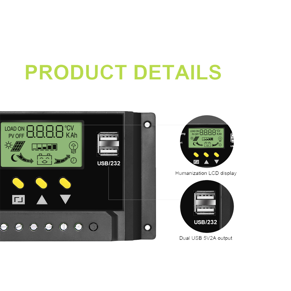 30A Solar Charger Controller 12V/24V Solar Panel Battery Intelligent Regulator with Dual USB Ports, LCD Display
