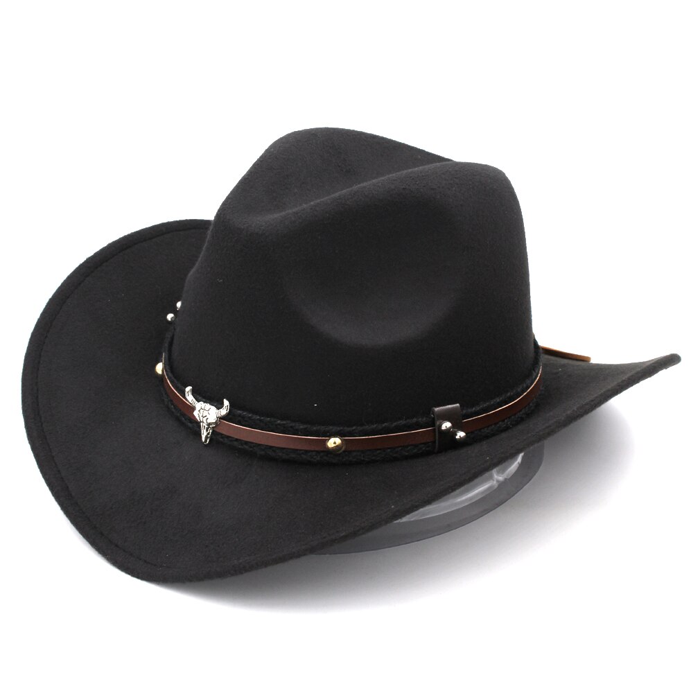 Mistdawn Wild Western Cowboy Hat Cowgirl Sombrero Cap Wool Blend Stiff Wide Brim with Tauren Leather Belt Size 56-58cm BBI: Black