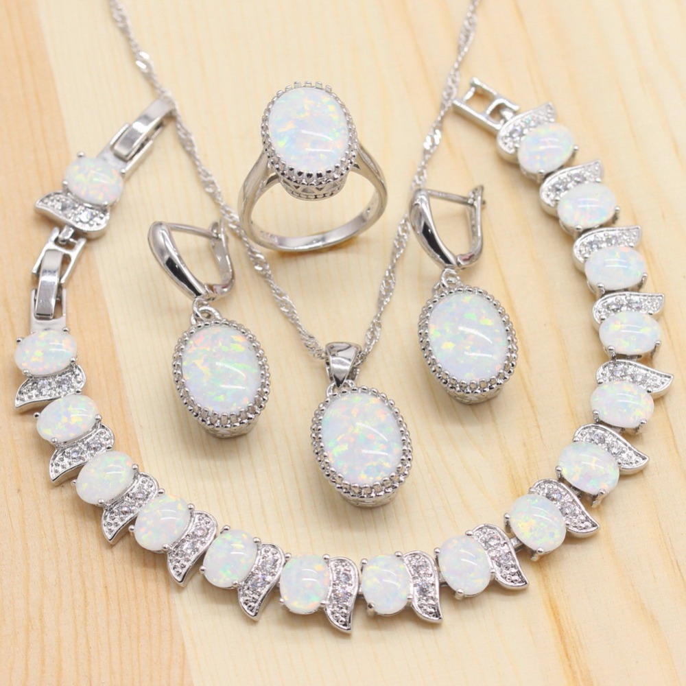 Klassieke Vrouwen Sliver Kleur Sieraden Sets White Opal Ketting Hanger Oorbellen Trouwringen Opal Armband Sets Voor Dance Party