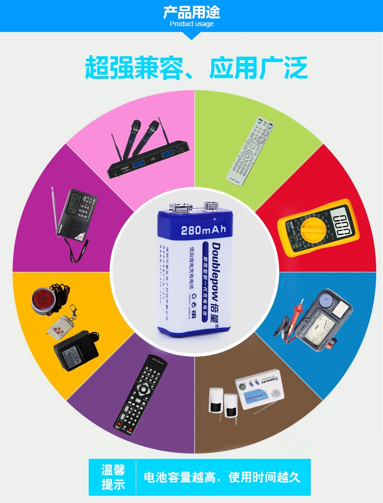 Brand Original 9v 6f22 Rechargeable Battery NI-MH 280mAh 9V Microphone Multimeter batteries