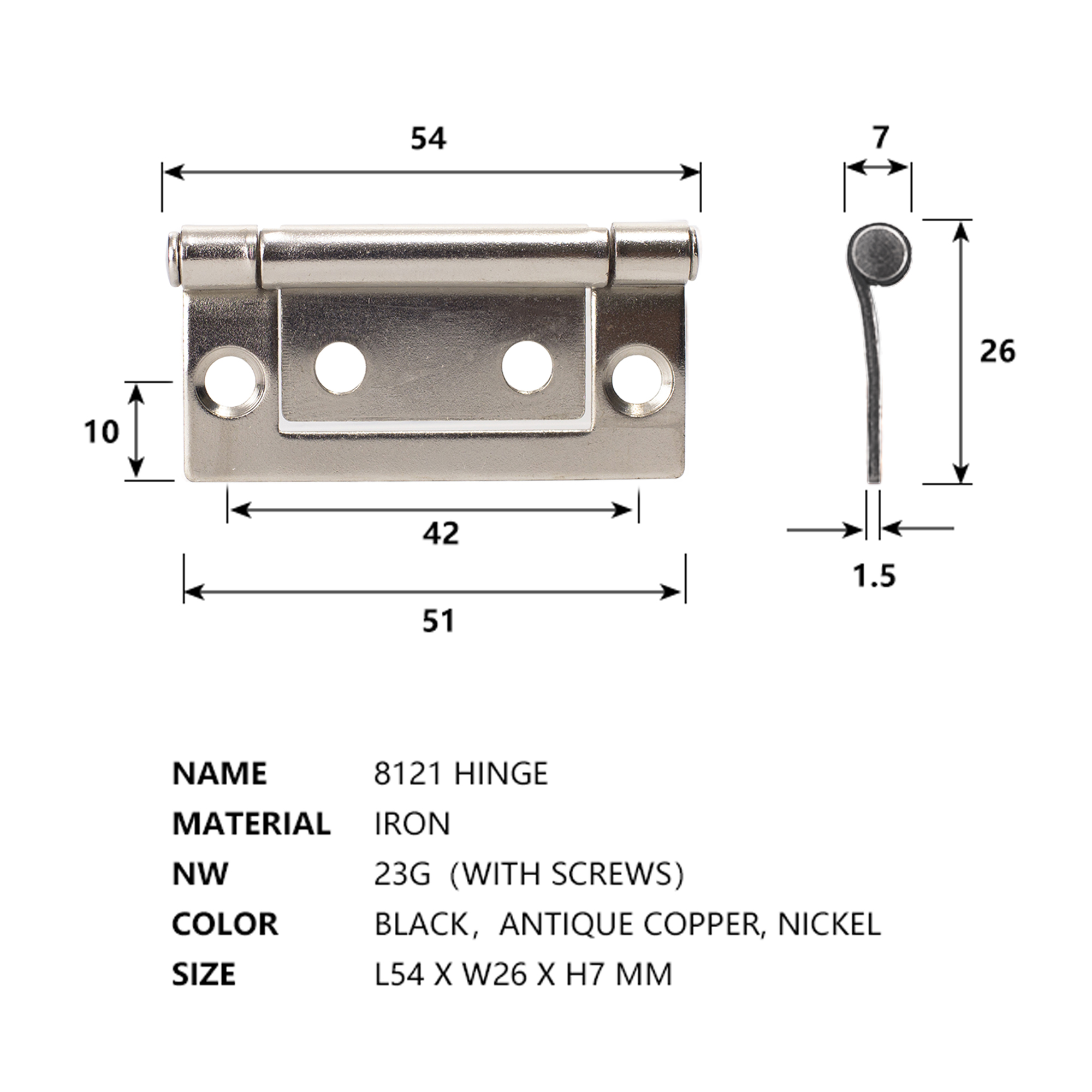 2 Inch Iron Furniture Mortise Hinge for Cabinet Door with Free Screws, 135 Degree Open, Antique Copper, Black, Nickel Color
