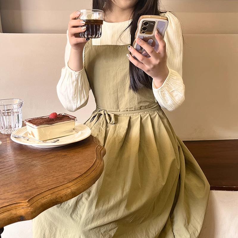 Delantal ligero impermeable para salón de belleza, uñas, camarera, a prueba de aceite, largo plisado, delantales de cocina para jardín para mujer con bolsillos: Verde claro