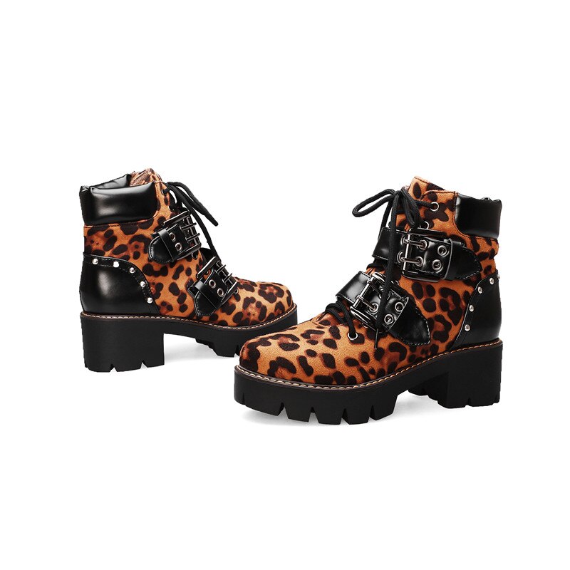 Morazora klassiska dam ankelboots spänne nit leopard fyrkantiga klackar plattformsstövlar höst vinter punk skor kvinna