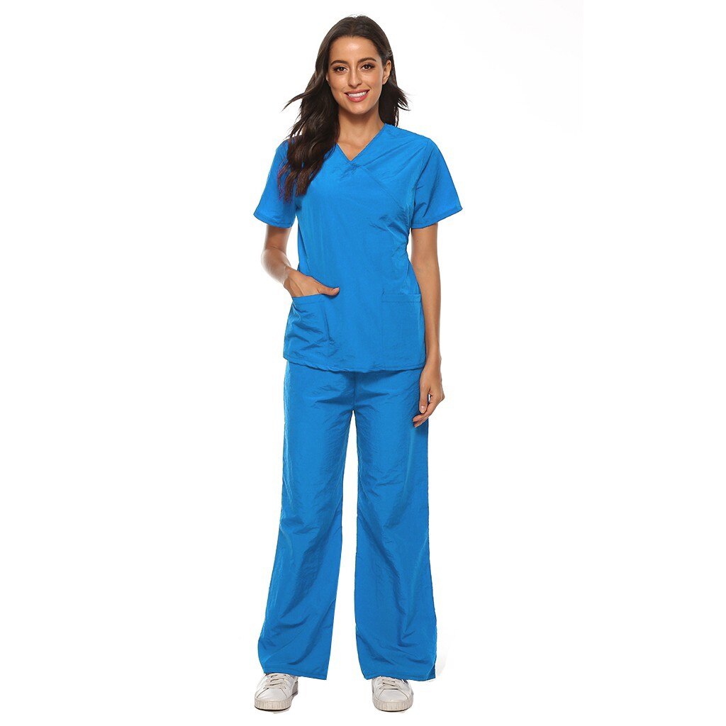 Women Short Sleeve V-neck Tops+Pants Nursing Working Uniform Set Suit Beautician uniform beauty salon housekeeping uniform: Blue / XXXL