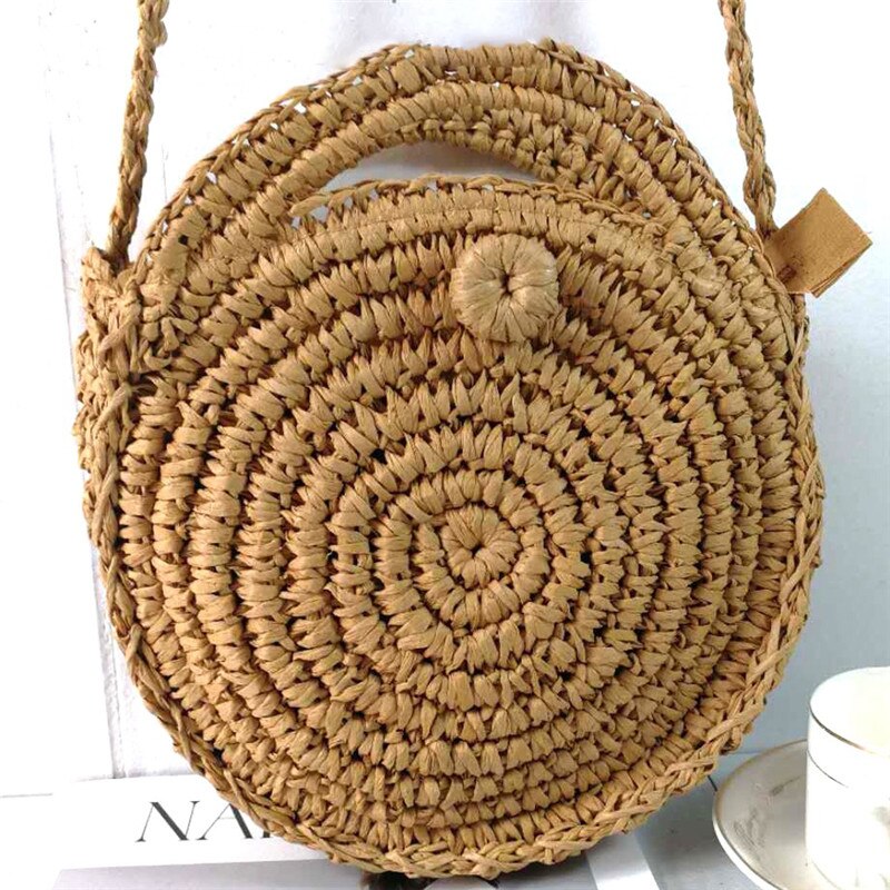 Lady Pastoral Style Casual Round Handmade Knitted Woven Rattan Bag Straw Beach Handbag