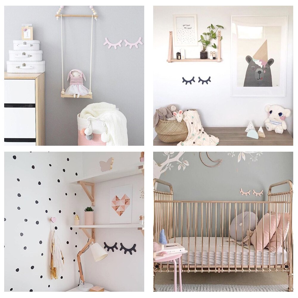 Een Paar Nordic Stijl 3D Wimpers Houten Wimper Muurstickers Kinderen Babykamer Achtergrond Muurstickers Home Decoratieve