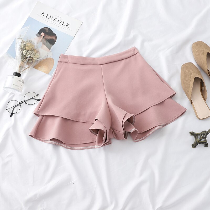 HELIAR-short coupe trapèze, ourlet volant, , jambes larges, taille élastique, ample, été décontracté
