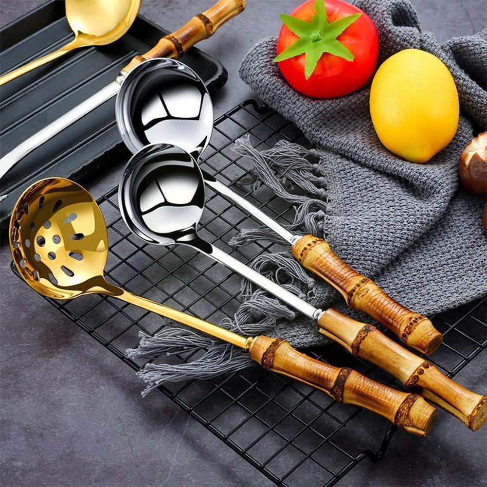 Kitchen Steel Long Handle Gold Soup Ladle Slotted Colander Spoon Filter Pot Strainer Cooking Skimmer Set Tool I6S8