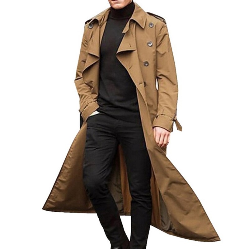 nouveaux hommes longue Trench Coat hommes Long revers ouvert coupe-vent hommes décontracté: khaki / M