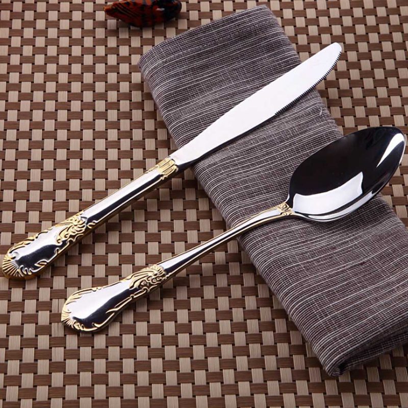 Ruostumattomasta teräksestä valmistetut ruokailuvälineet, korkealaatuiset veitset, haarukat ja lusikat, ruokailuvälineet, kullatut kukkakuvioiset astiat