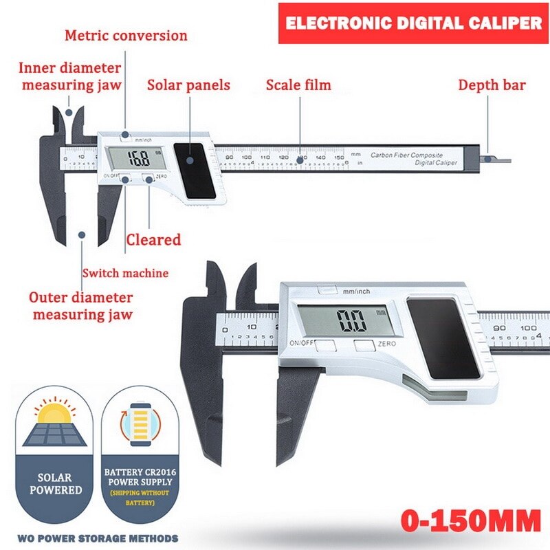 New1PC Solar Energy Digital Calipers 0-150mm Stainless Steel Big LCD Vernier Caliper Electronic Micrometer Gauge Measure Tools