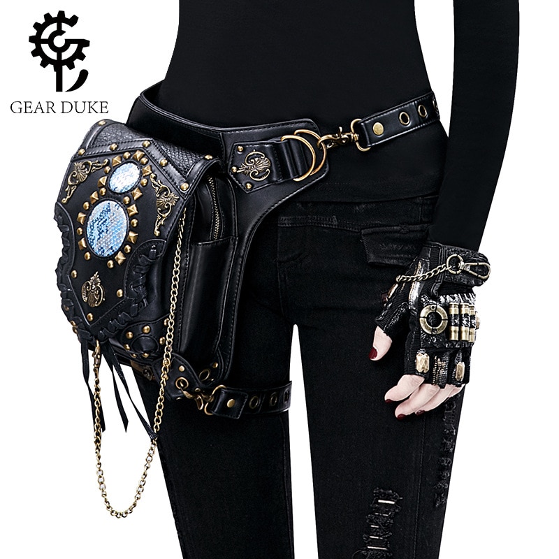 Steampunk, sac ceinture en cuir pour femmes, sacs aux jambes de moto, bandoulière avec support coque de téléphone, sacs noirs, nouveauté