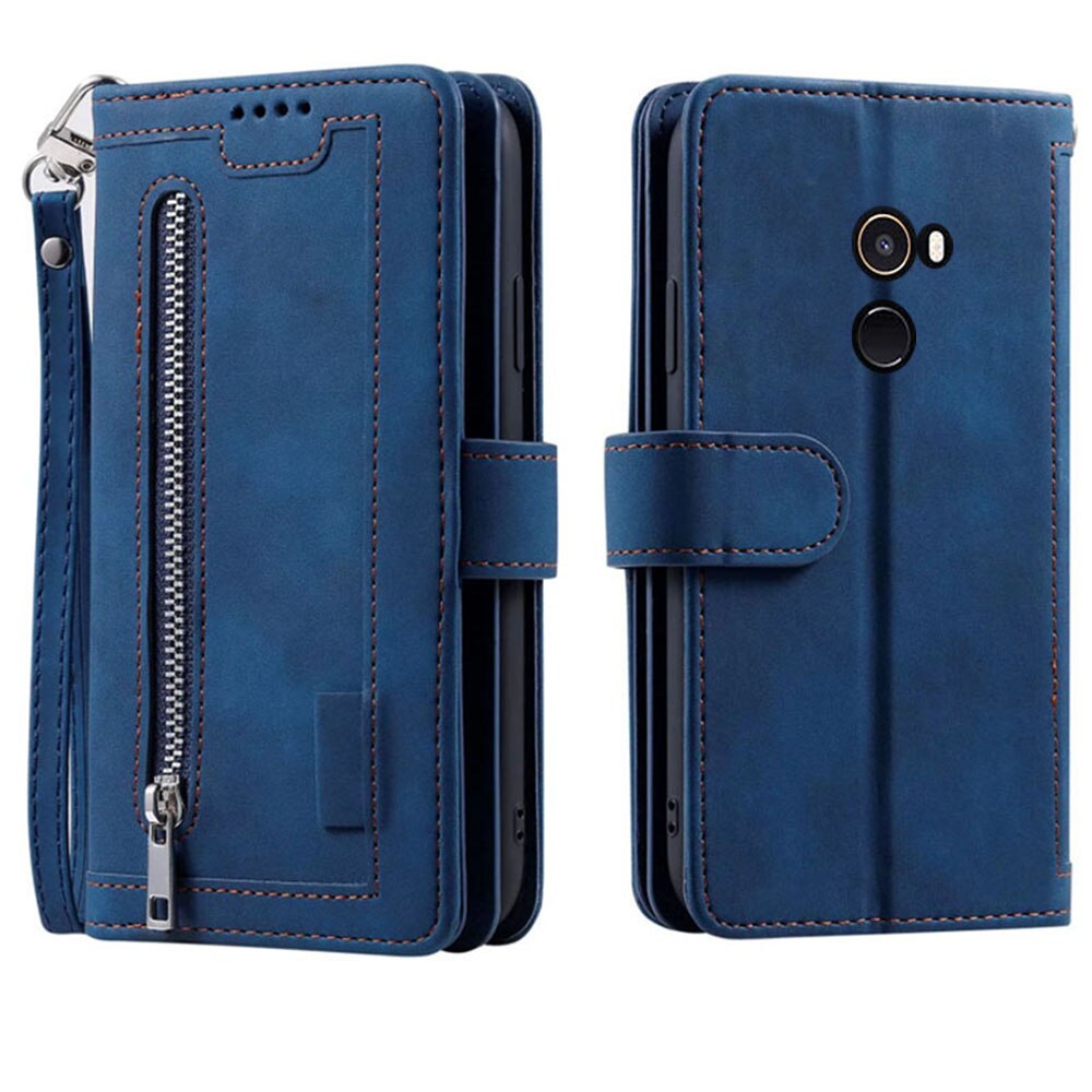 9 Kaarten Wallet Case Voor Xiaomi Mi Mix2 Telefoon Case Card Slot Rits Flip Folio Met Polsband Voor Xiaomi mi Mix 2: Blue