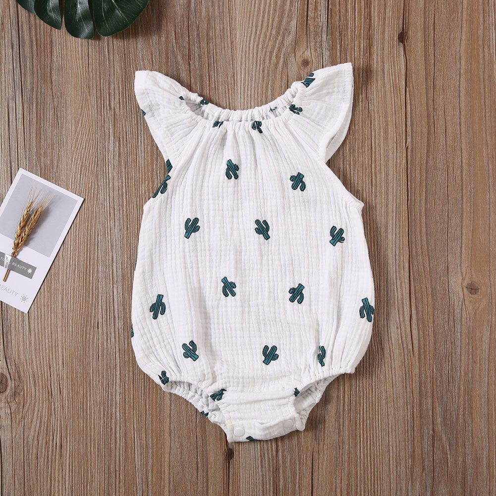Bomuld linned baby piger romper tøj sommer blomsterprint flue ærmer småbørn børn jumpsuit one-piece outfits soldragt tøj