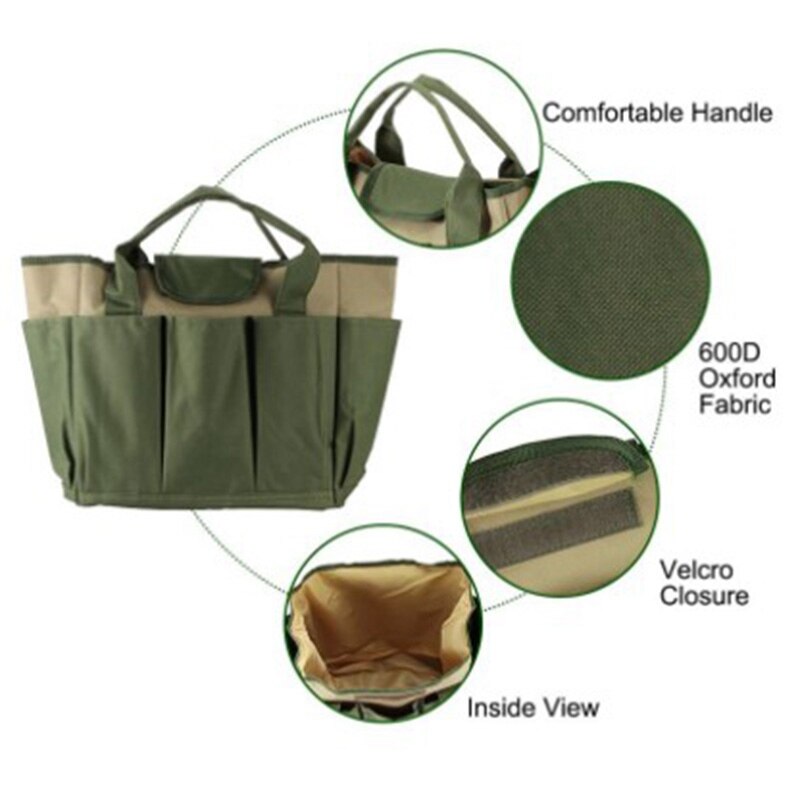 CSS tela Oxford verde oscuro 8 lado Multi-bolsillos Tote manija de jardín herramientas organizador bolsa de almacenamiento portátil