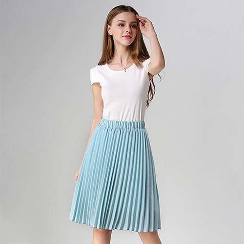 Surmiitro, Falda plisada de gasa para verano, para mujer, , Midi, largo hasta la rodilla, unicolor, 2 capas, cintura alta, falda de corte a para escuela y sol para mujer: HL