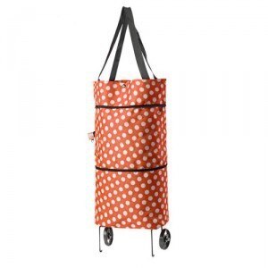 Supermarkt Boodschappentas Opvouwbare Draagbare Grote Tote Shopping Bag Met Wiel Sleepboot Zak Grote Capaciteit Groene Zak: orange dots