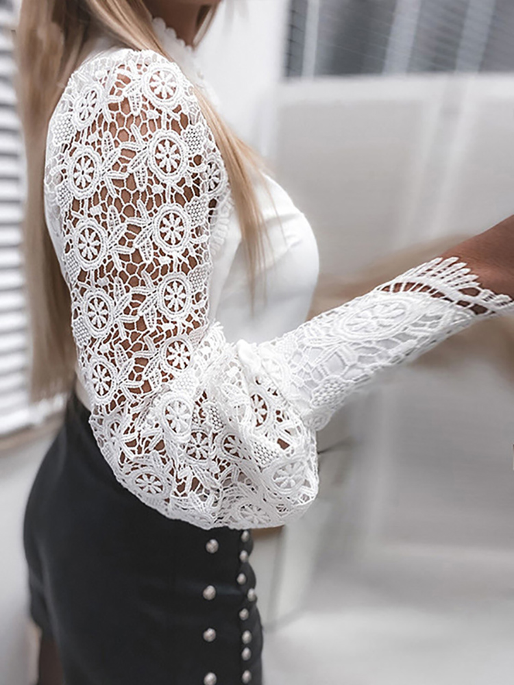 chemise femme manche longue bureau dames blanche col dentelle Patchwork évider bouton Up haut femme et chemisier femme 2025 vêtement femme