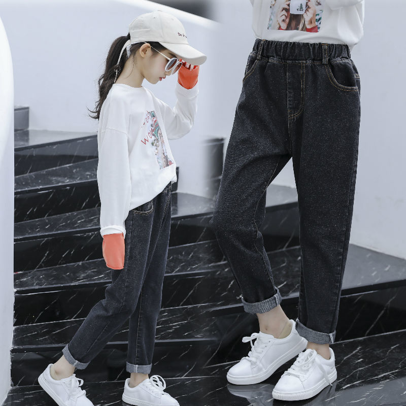 Vår höst barnkläder flickor jeans barn jeans byxor byxor resår i midjan bred casual tonåring jeans för tjej  w485