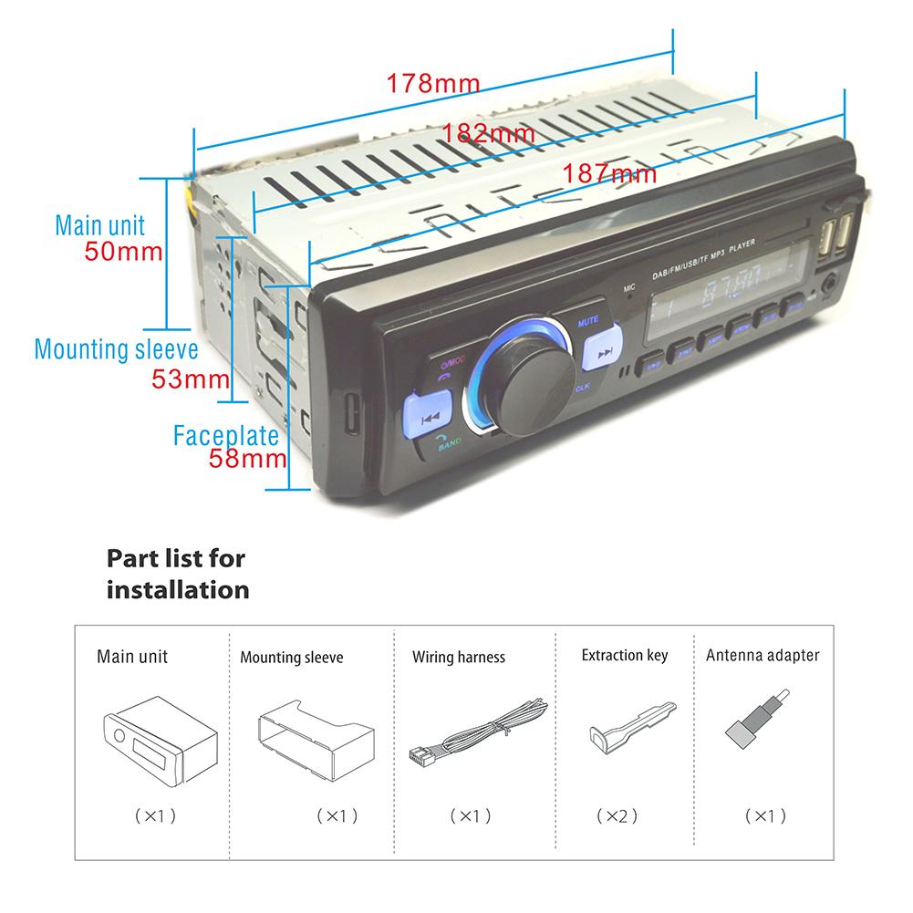 12V Single Din Bluetooth Car Stereo Radio Receiver Car Stereo Receiver Auto DAB/DAB+/FM Receiver USB MP3 Multimedia Player