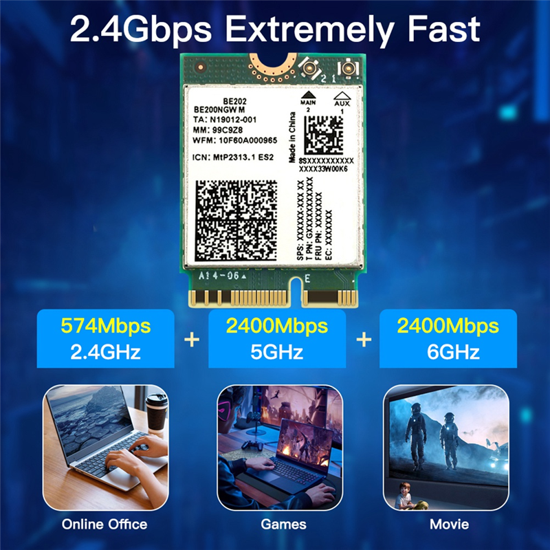 ABUO-BE202 Wifi7 Card +2X10db Antenna 2.4/5/6G Tri-Band 5374M Gigabit Wireless Wifi Network Card Bluetooth 5.4