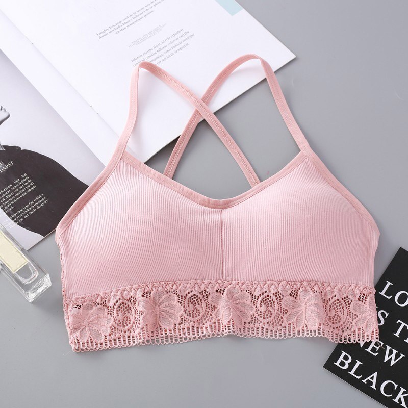 Sexy V-Neck Wrapped Chest Women Cross Straps Beauty Back Bra Top Lace Floral Tube Tops: Pink