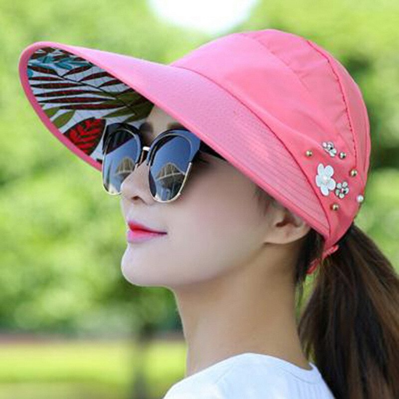 Mnoerffi Brede Rand Strand Hoed 1Pc Vrouwen Zon Hoeden Voor De Zomer Parel Packable Uv Bescherming Vrouwelijke Caps Zonneklep hoed Met Grote Hoofden: Watermelon Red