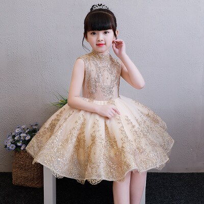 Golden Tulle Flower Girl Dress Party Kids Pageant Gown Princess Wedding Dress Sleeveless First Communion Dresses 1-14T: 10T